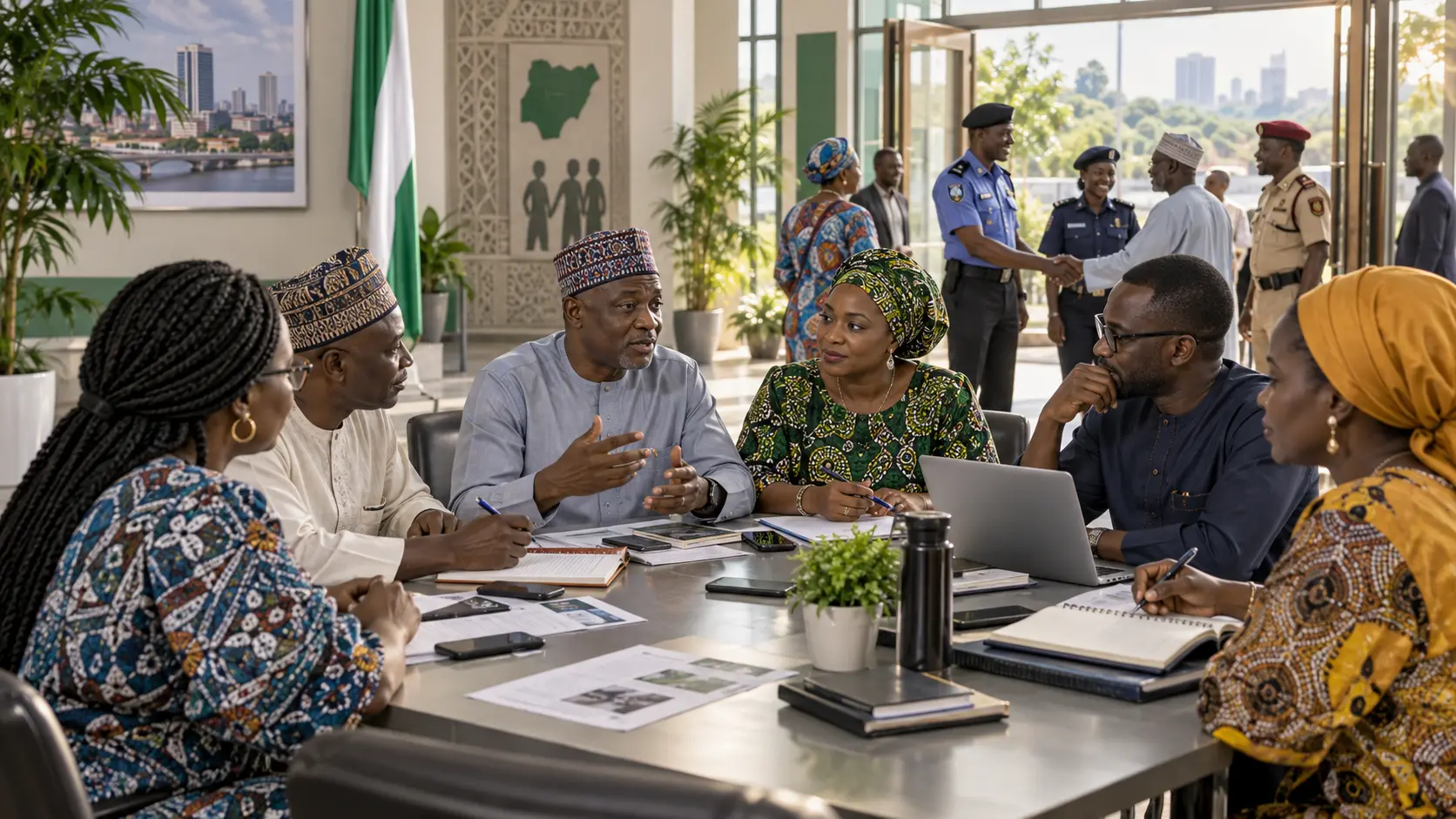 Adult Nigerian voters discussing public safety with civic and security representatives