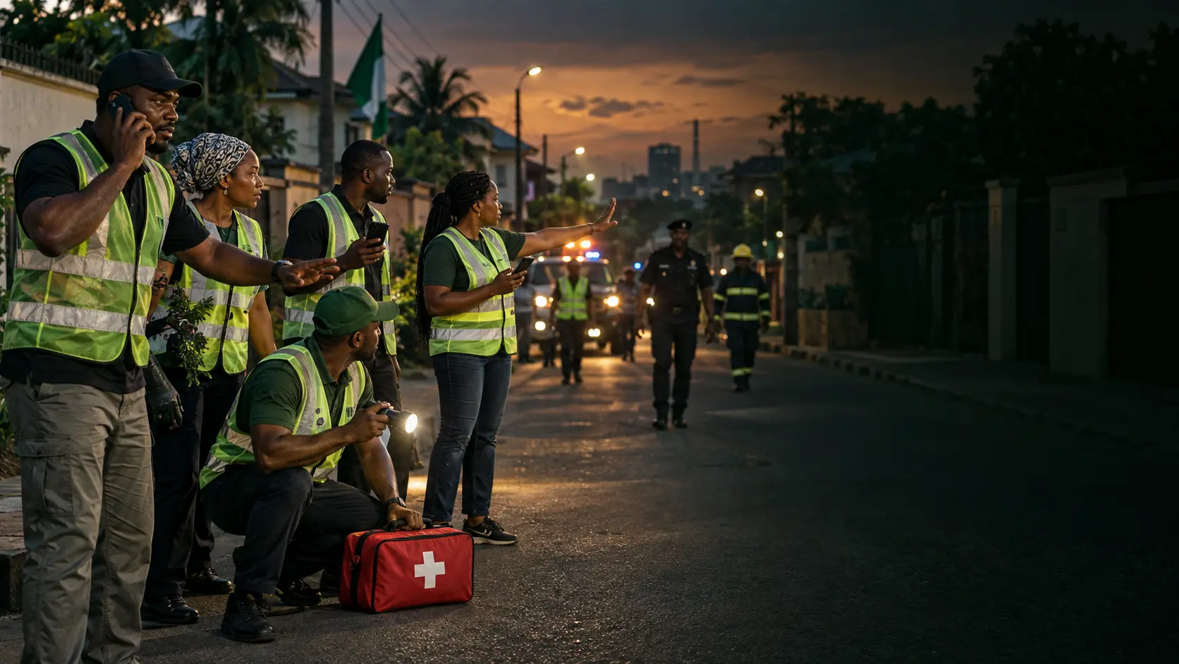 Nigerian community volunteers coordinating with emergency and security personnel